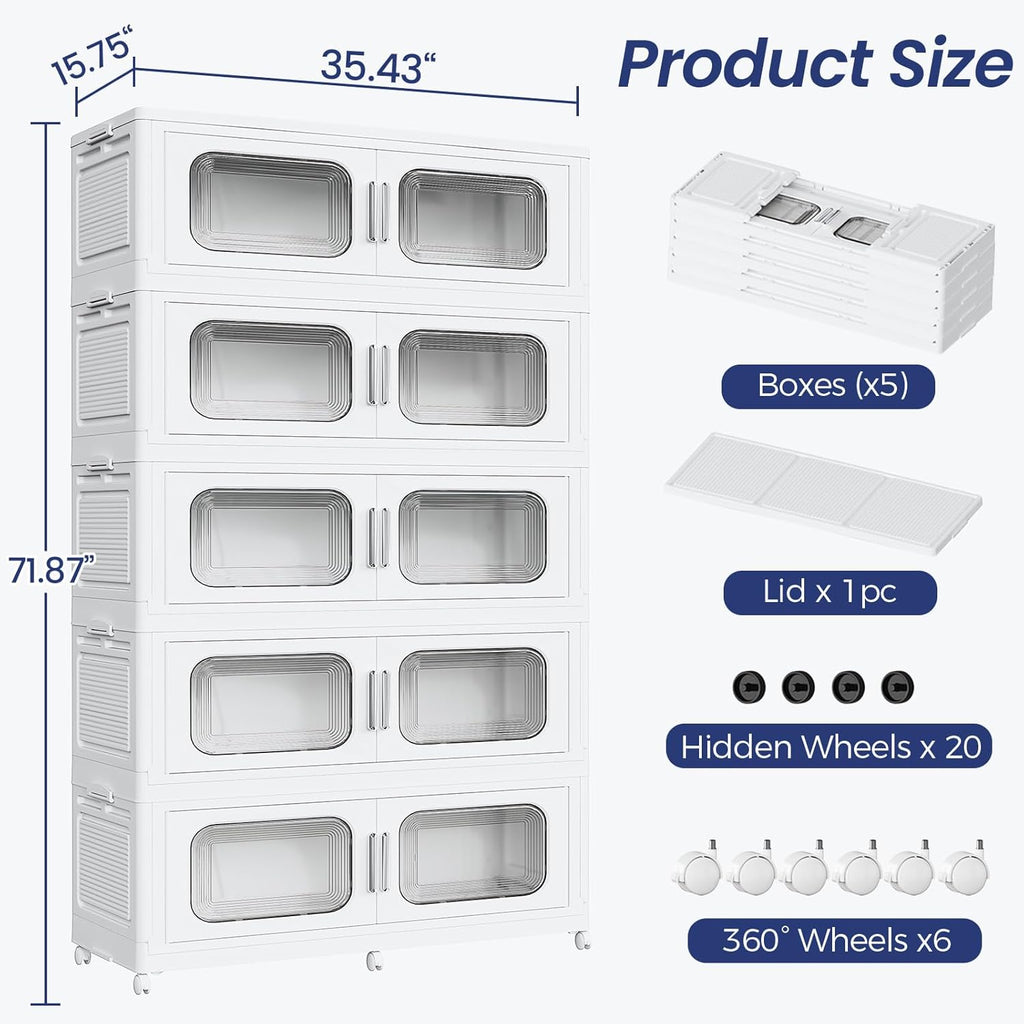 250 Gallon Extra Large Storage Bin with Lid and Wheels, Stackable Collapsible Plastic Storage Box with Door, Foldable Organizer for Closet, Kitchen, Office, Living Room, 5 Pack White