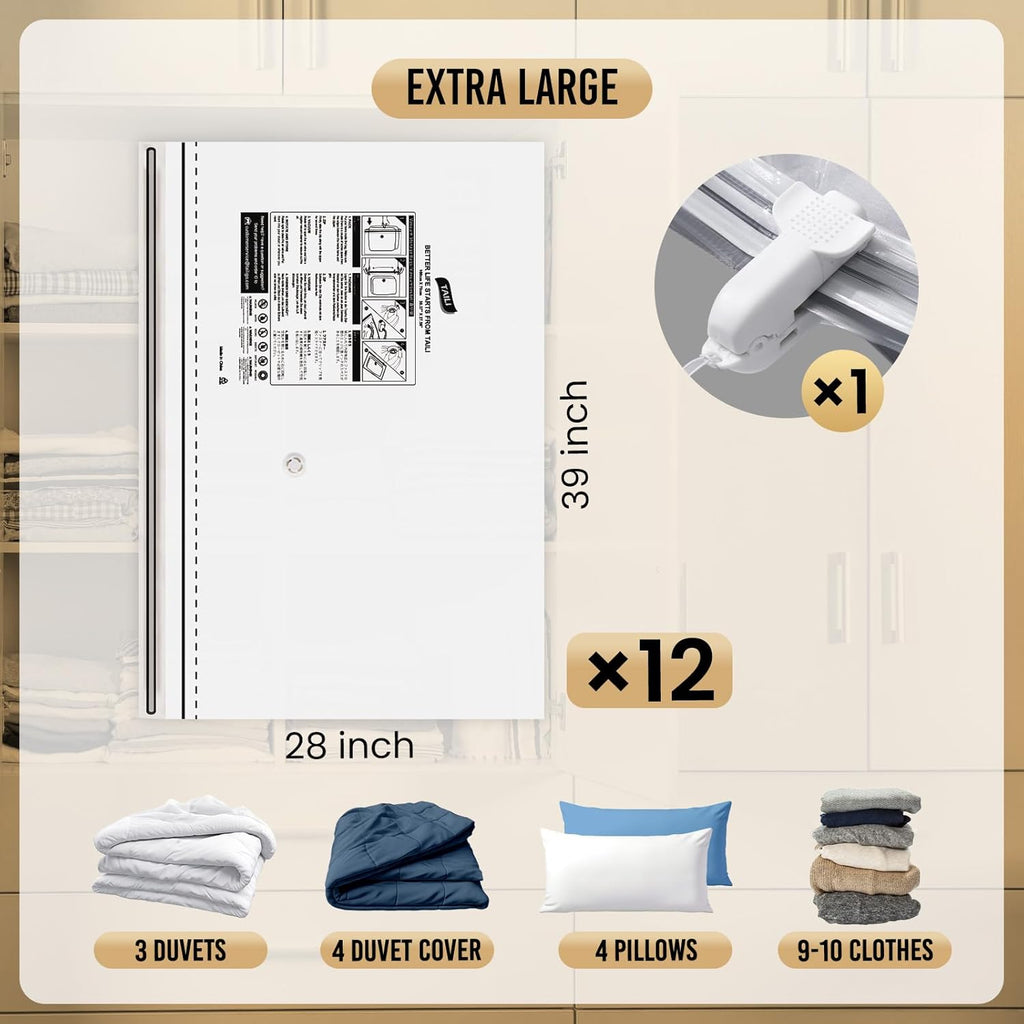 TAILI 12 Pack Vacuum Storage Bags, LONG SIDE ZIP (39x28 inch) Vacuum Seal Bags for Clothing, Jumbo Storage Space Saver for Beddings, Comforters, Blanket, Pillows and Clothes