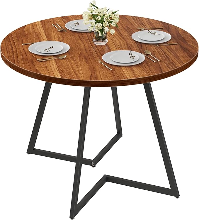 VECELO Round Dining Table Set for 4, Wood Tabletop & Heavy-Duty Steel Frame, 5-Piece Dinette with Chairs for Kitchen, Breakfast Nook, Walnut & Black