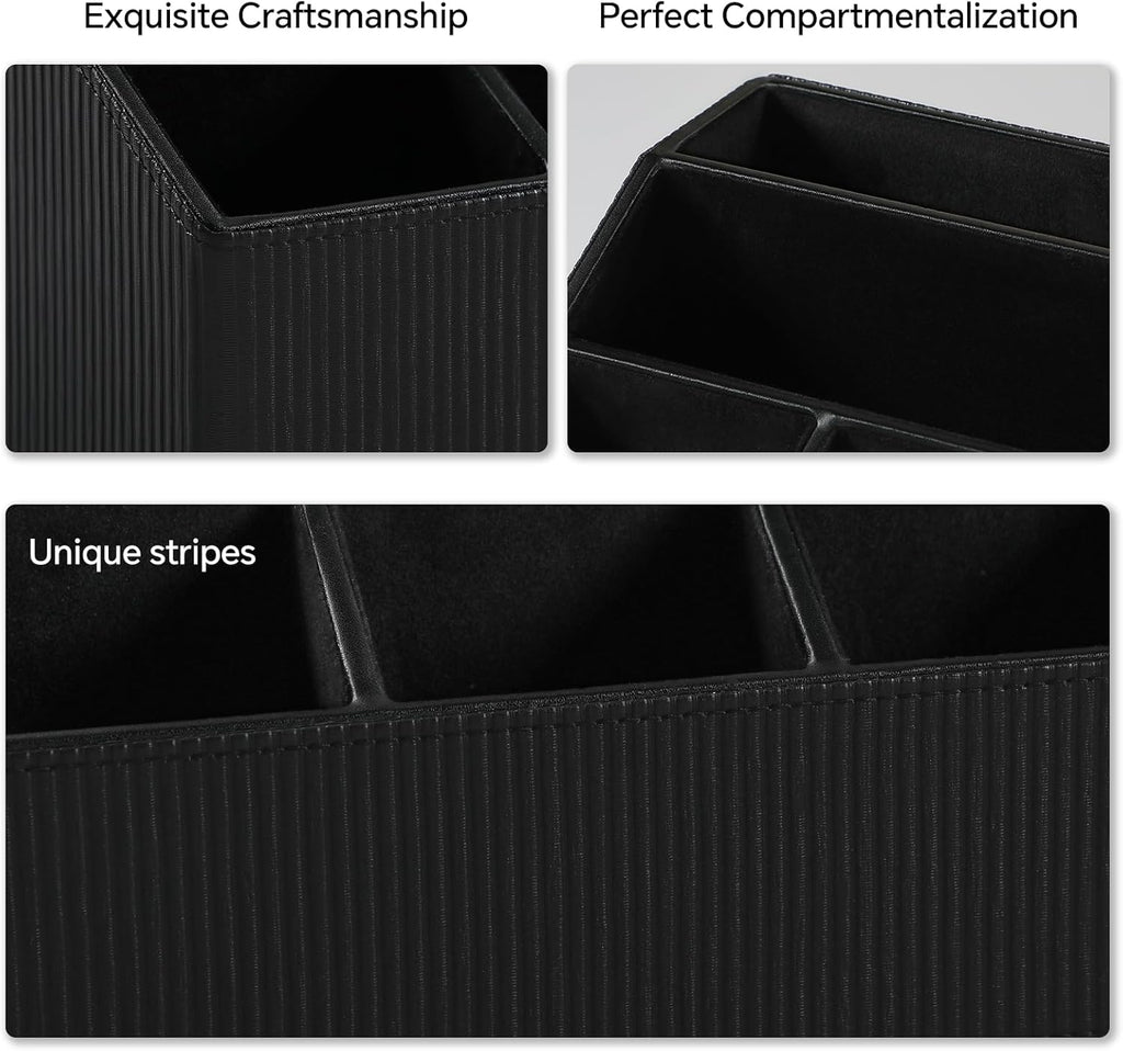 Remote Control Holder with 5 Compartments for Office Art Supplies, PU Leather Nightstand Organizer Pencil Pen Desk Caddy for Home, Desktop TV Remote Control Organizer Storage (Striped Black)