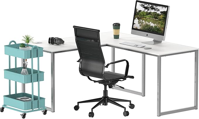 SHW Mission 55 x 60 Inches L-Shape Home Office Computer Desk, White