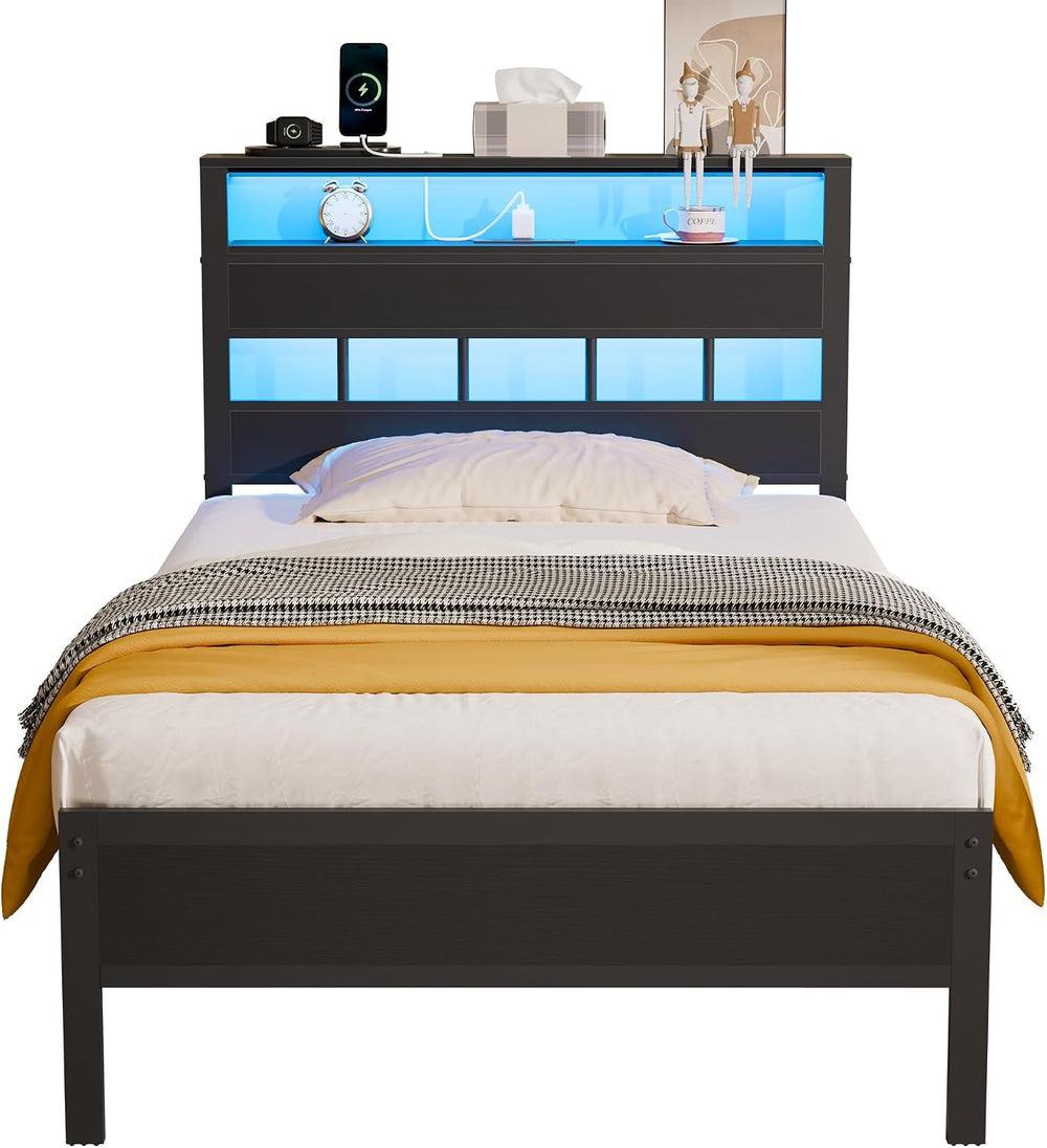 Twin Bed Frames with Charging Station and LED Lights, Black Oak