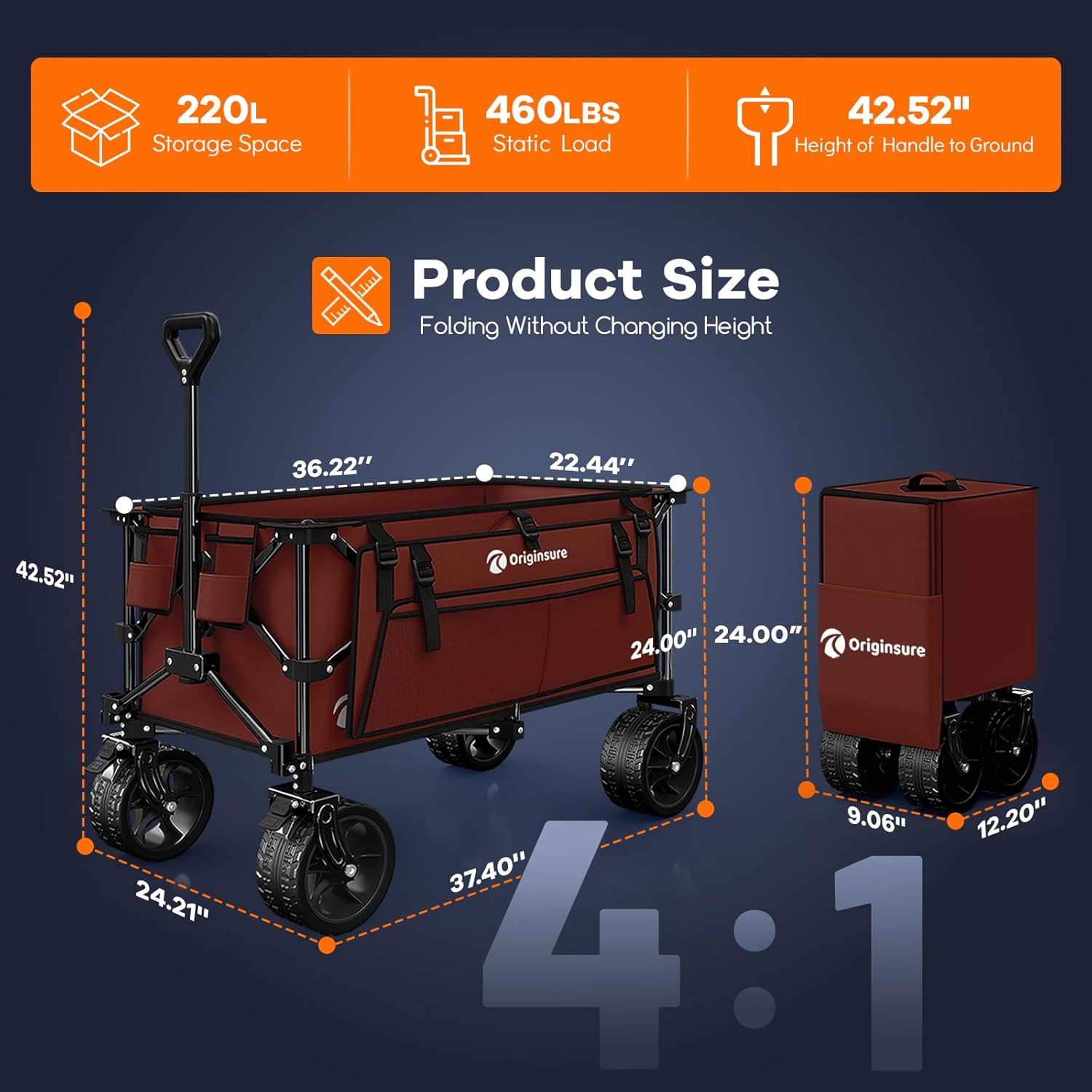 220L Collapsible Wagon Cart Foldable, 460lbs Load Capacity Heavy Duty Folding Beach Wagons with Big All-Terrain Wheels, Utility Carts for Groceries, Shopping, Camping, Sports - Red