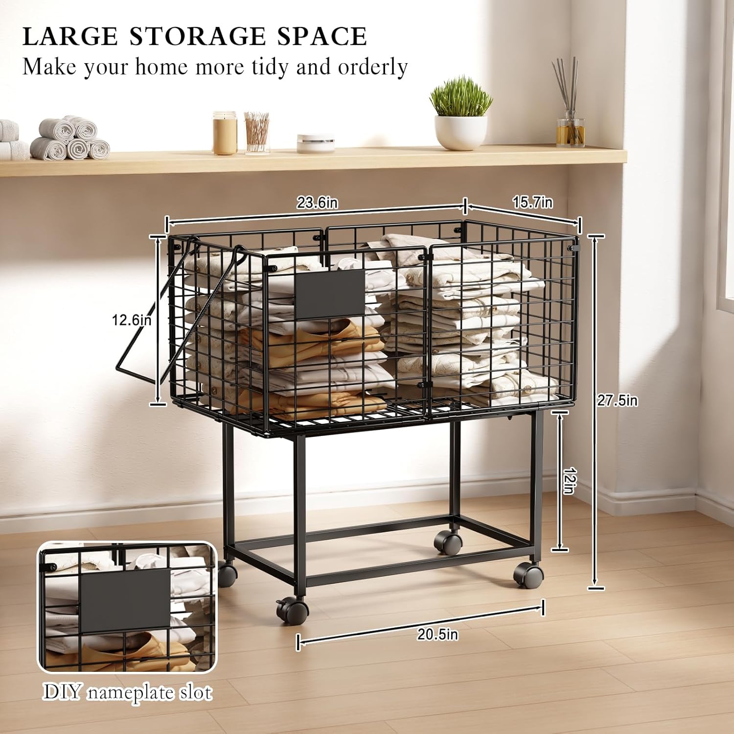 Wire Laundry Hamper, 80L Rolling Laundry Basket Cart on Wheels, Dirty Clothes Basket with Handle, Metal Clothes Hamper Organizer for Laundry Room, Bathroom, Bedroom, Dorm, Black