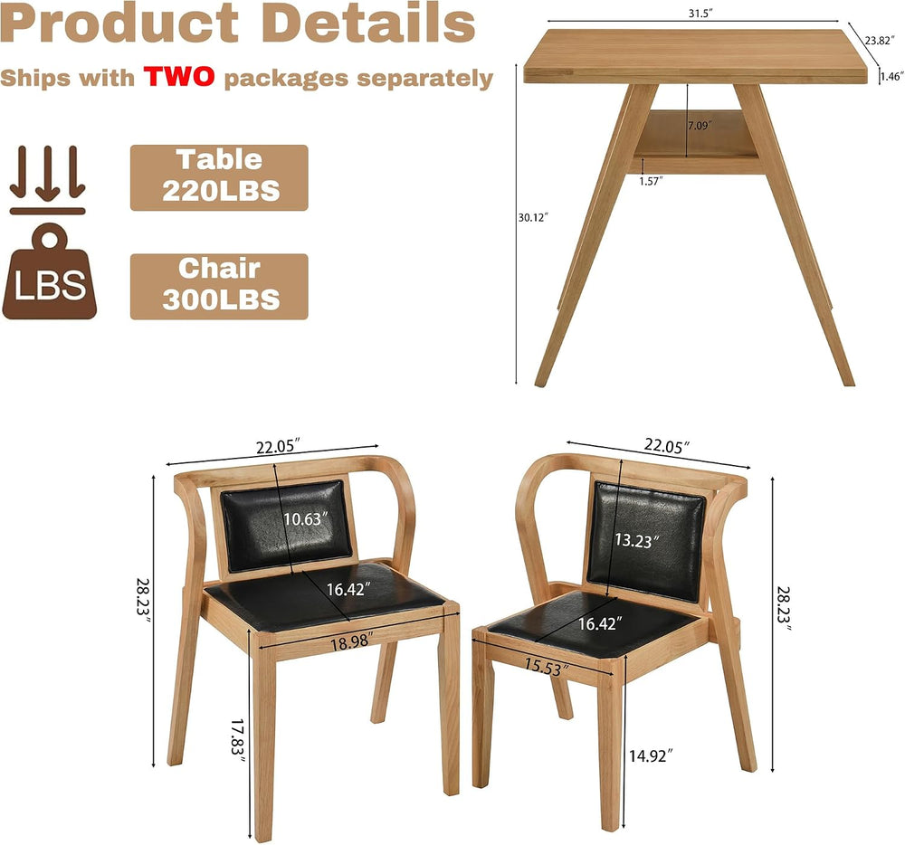 PADMA HOUSE Bistro Stacking Table Chair Set of 3, Wood Leather Dining Set | B...
