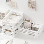 Small Pastel Plastic Storage Bins 2Pcs Foldable Pastel Crates Plastic Basket Colorful Storage Containers Baskets for Classroom Kitchen Office Bedroom Desktop Home Decor (White 9.8" x 6.5" x 3.8")