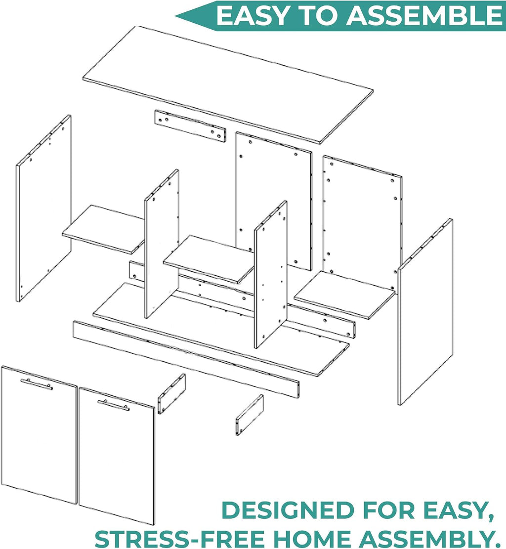 Tuhome Juniper Kitchen Island with Storage, 59in Wide Prep Top, 2-Door Cabinet with Interior Shelves and Dual Open Shelves, Engineered Wood, White/Light Oak