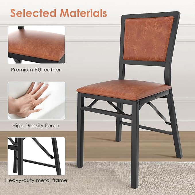 VECELO Folding Chairs Set of 4 with Cushion, Foldable Padded Seats with Heavy Duty Metal Frame for Kitchen/Dining/Living Room, No Assembly & Space Saving Design, Chestnut Brown