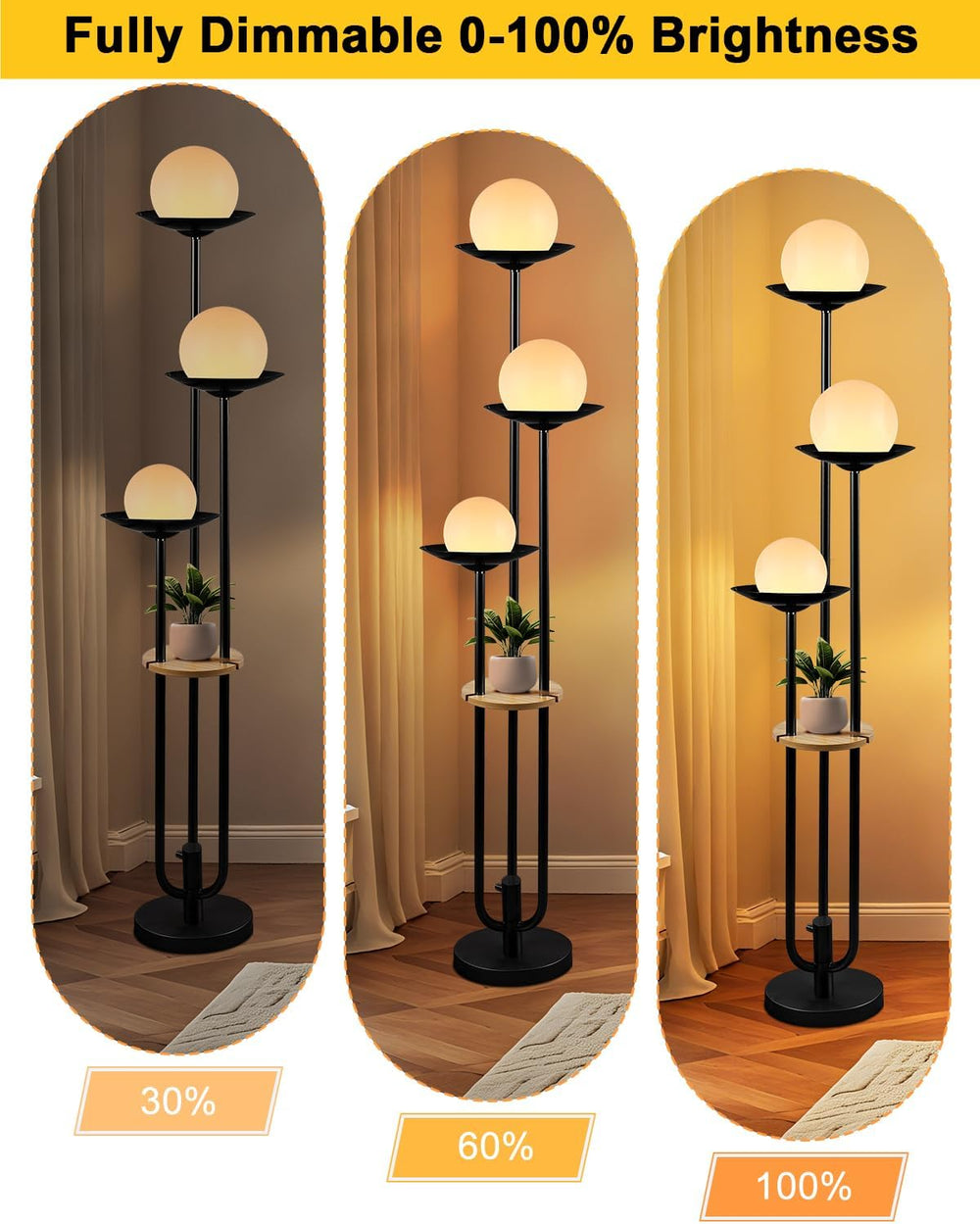 Lightdot Globe Floor Lamp with Shelf 3-Lights Modern Dimmable Floor Lamps 300...