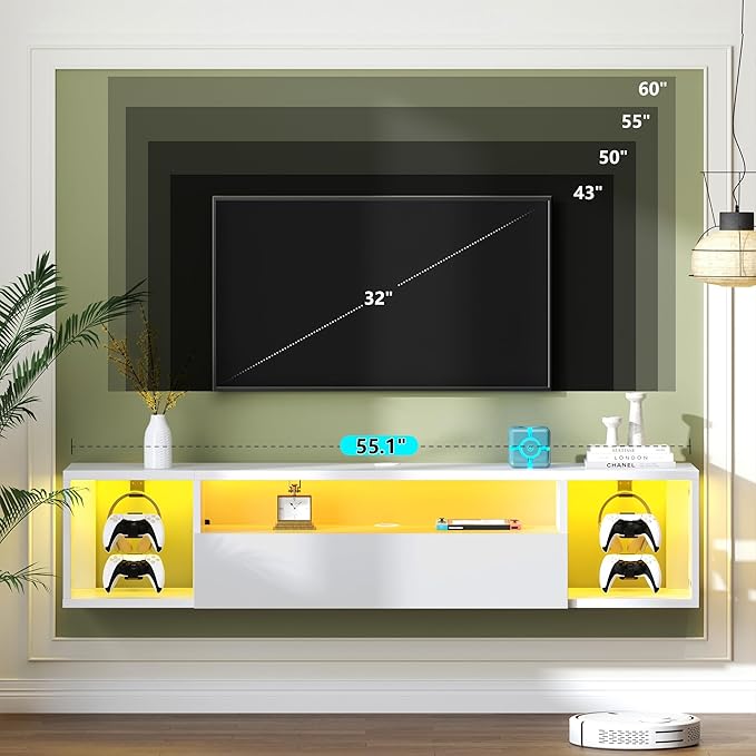 SogesHome 55'' Floating TV Stand with LED Lights, Wall Mounted Entertainment Center with 3 Storage Shelves, Modern Media Console Cabinet for Living Room and Bedroom, White