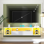 SogesHome 55'' Floating TV Stand with LED Lights, Wall Mounted Entertainment Center with 3 Storage Shelves, Modern Media Console Cabinet for Living Room and Bedroom, White