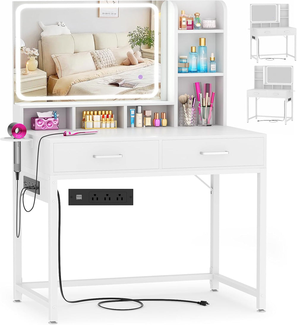 Small Vanity Desk, Vanity Desk with Mirror and Lights, Makeup Vanity Desks wi...