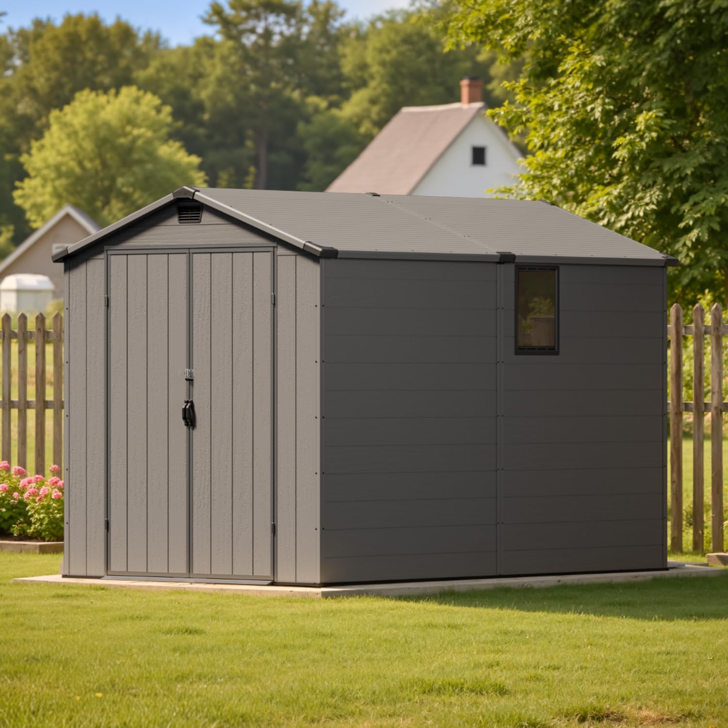 Patiowell 6x10FT Outdoor Storage Shed with Floor, Plastic Resin Garden Shed with Lockable Door, Windows, Weather-Resistant for Lawn Mower, Tool & Backyard Storage (Dark Grey)