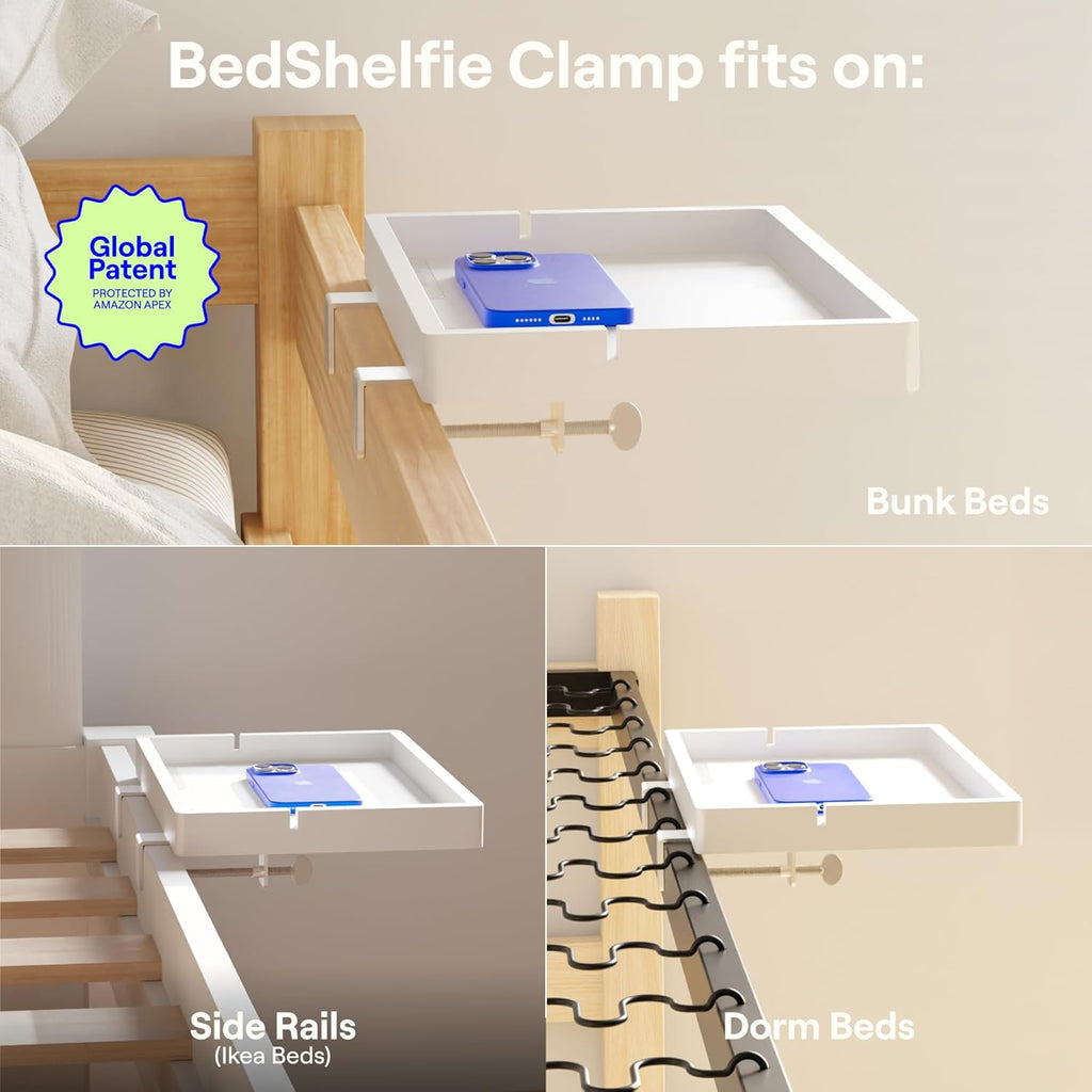 BedShelfie Wood Bedside Shelf for Bunk Bed & Top Bunk, College Dorm Room Essentials, Loft Nightstand, Floating Bed Side Table Tray Storage, Dorm Room Decor by Smallish - (Flexfit Bamboo Model, White)