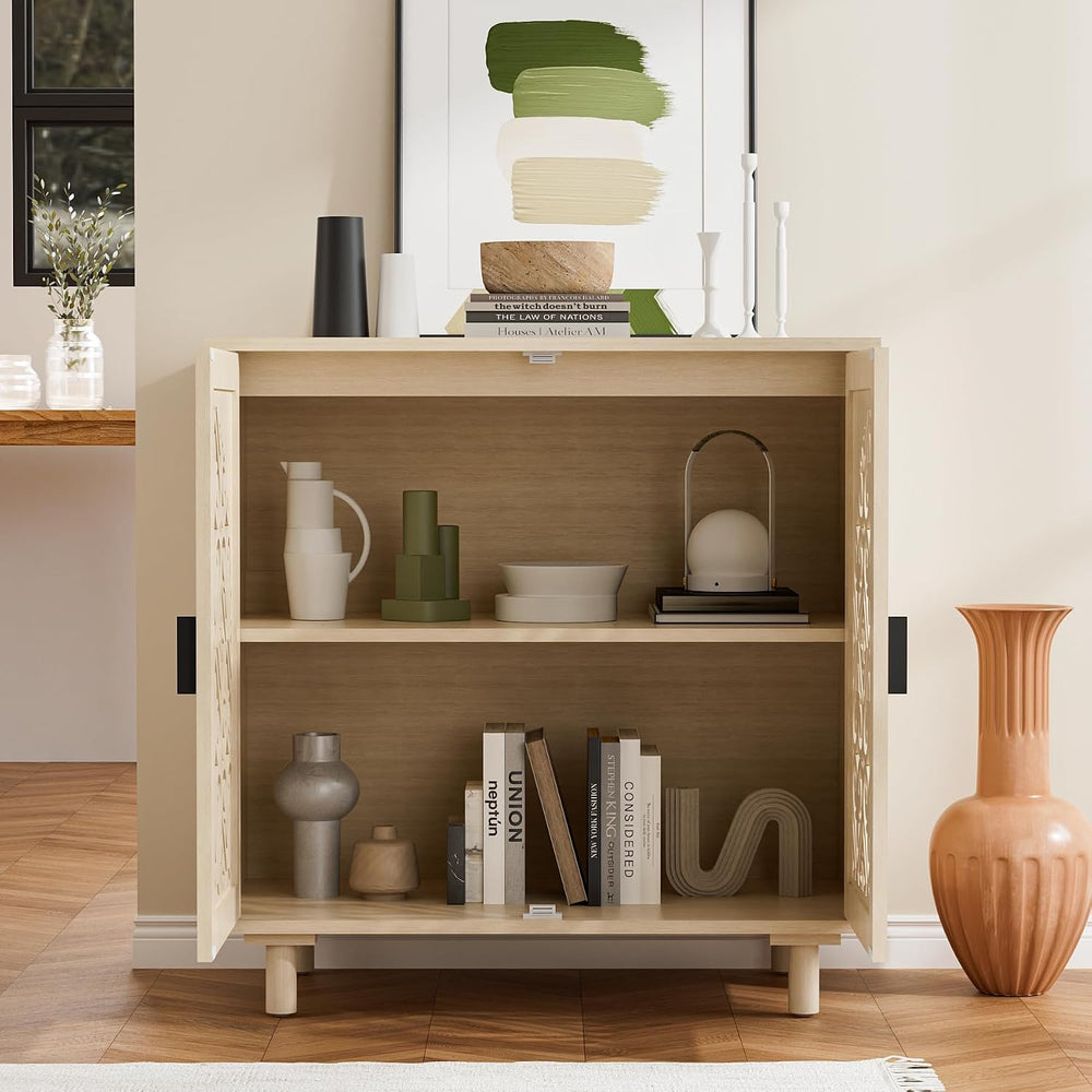 Decorative Storage Cabinet Sideboard with Hollow Carved Panels, 2 Doors, Natu...