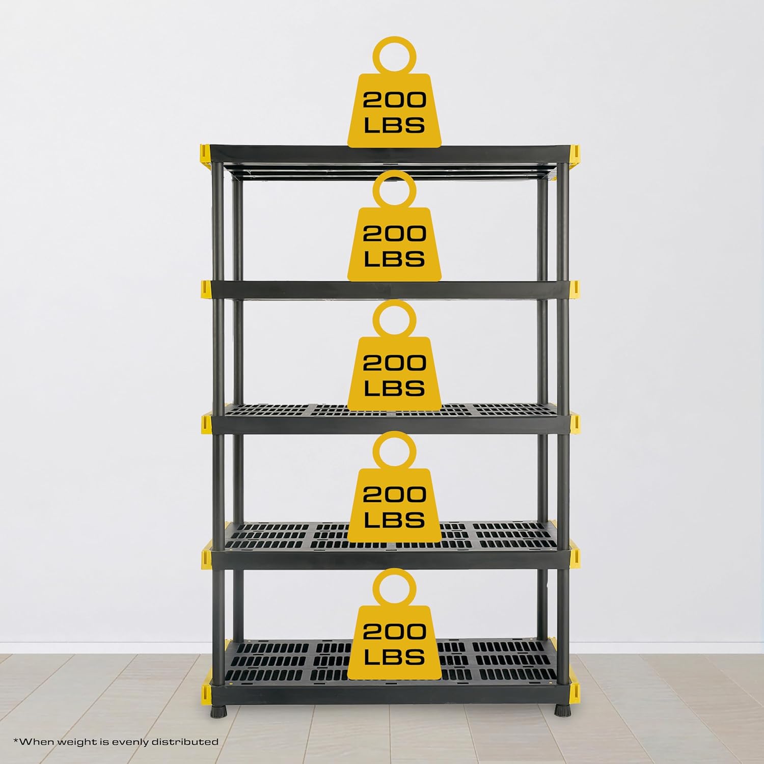 CX Black & Yellow, 5-Tier Heavy Duty Plastic Storage Shelving Unit, 200lbs/shelf (72”H x 48”W x 20”D), for Garage Storage, Warehouse & Basement Use, Modular Rack
