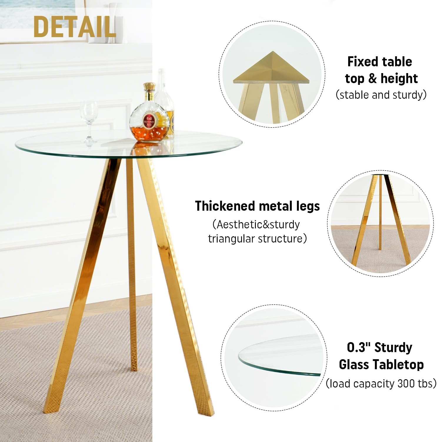 Round Bar Table, 37.4" High Pub Table, 31" Small Cocktail Table with Metal Base & Glass Top, for Small Spaces, Bistro Pub, Cafe(Gold)