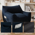Bean Bag Chair for Adults & Kids, Giant Bean Bag Sofa with Side Pocket, Corduroy Beanbag Chair with Armrests, Comfy Stuffed Floor Sofa for Living Room Bedroom Dorm, Blue