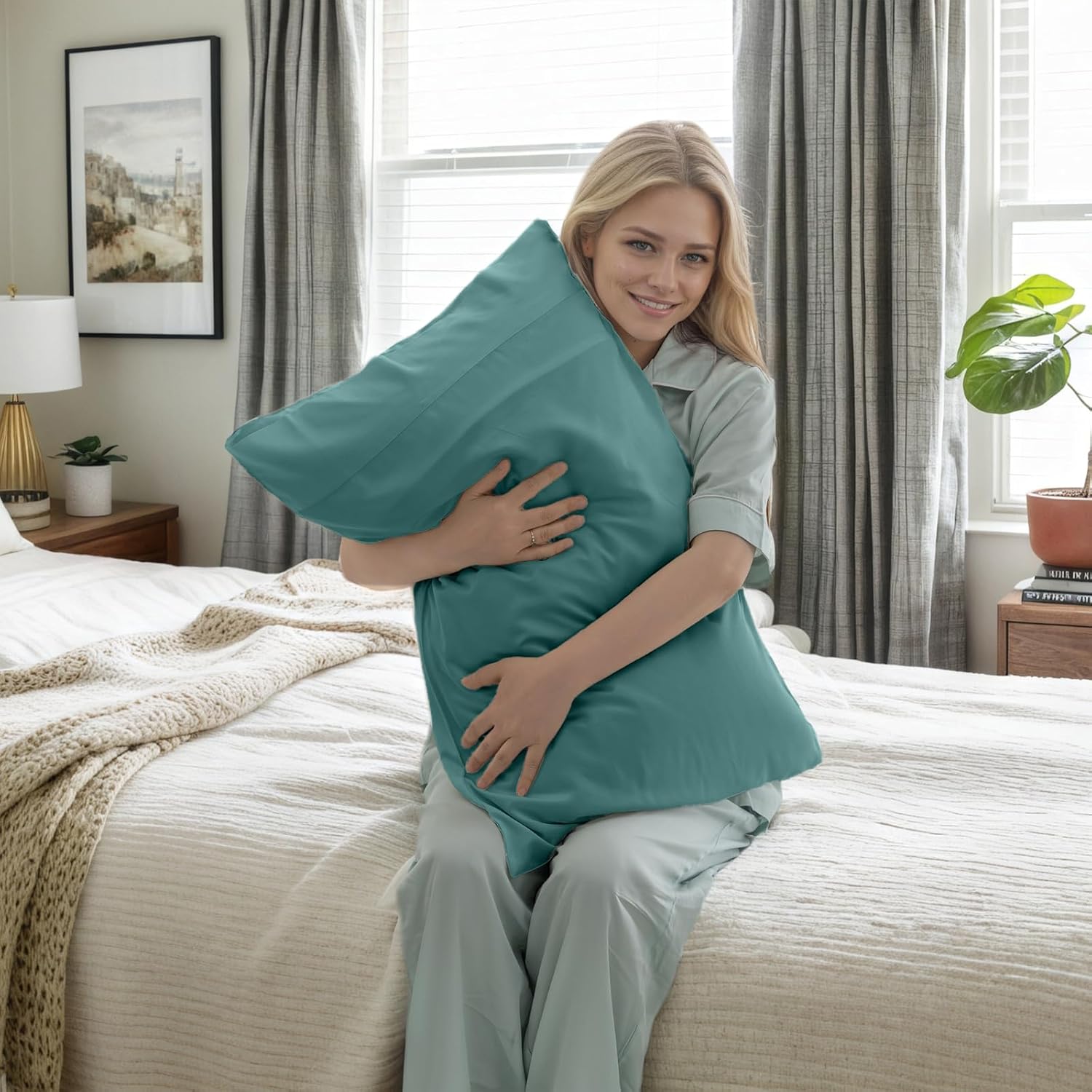 Teal Pillow Cases Standard Size 2 Pack, Bamboo Rayon Cooling Pillowcases with Envelope Closure, Cool Breathable Pillow Case for Hot Sleepers & Night Sweats, 20x26 inches
