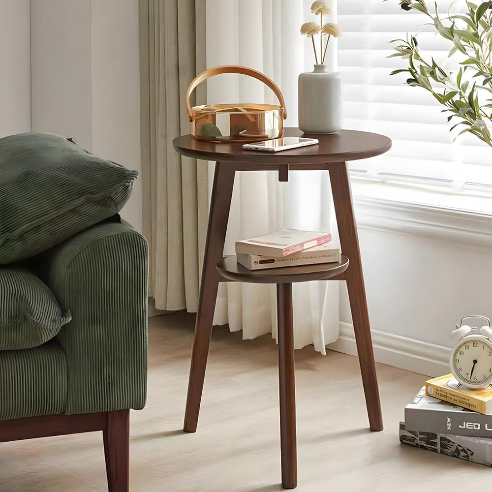 Side Table, Small Round End Table with 2-Tier Shelf, Solid Wood Nightstand fo...