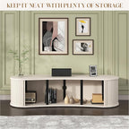 Fluted TV Stand with Storage Cabinet, 59″ Media Console with Sliding Tambour Door, Mid Century Modern Entertainment Center for Living Room, Oval Light Wood TV Stand for Bedroom, Off White