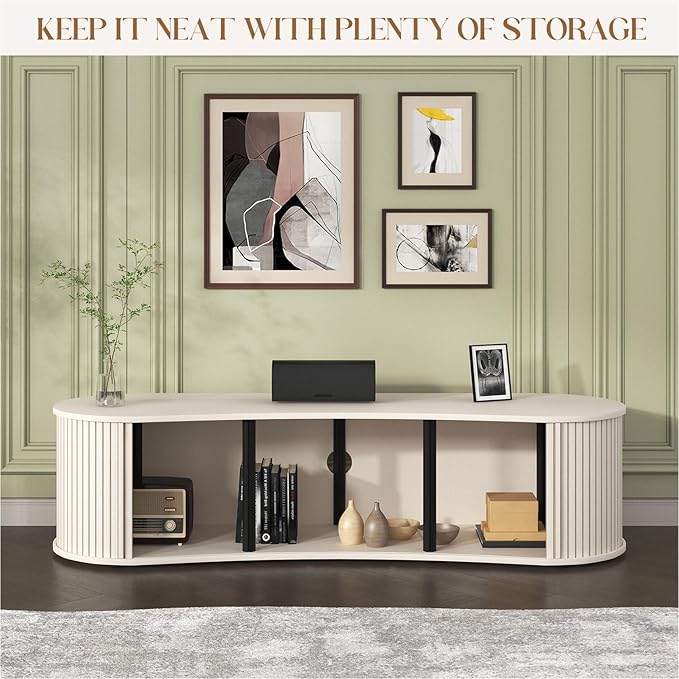 Fluted TV Stand with Storage Cabinet, 59″ Media Console with Sliding Tambour Door, Mid Century Modern Entertainment Center for Living Room, Oval Light Wood TV Stand for Bedroom, Off White
