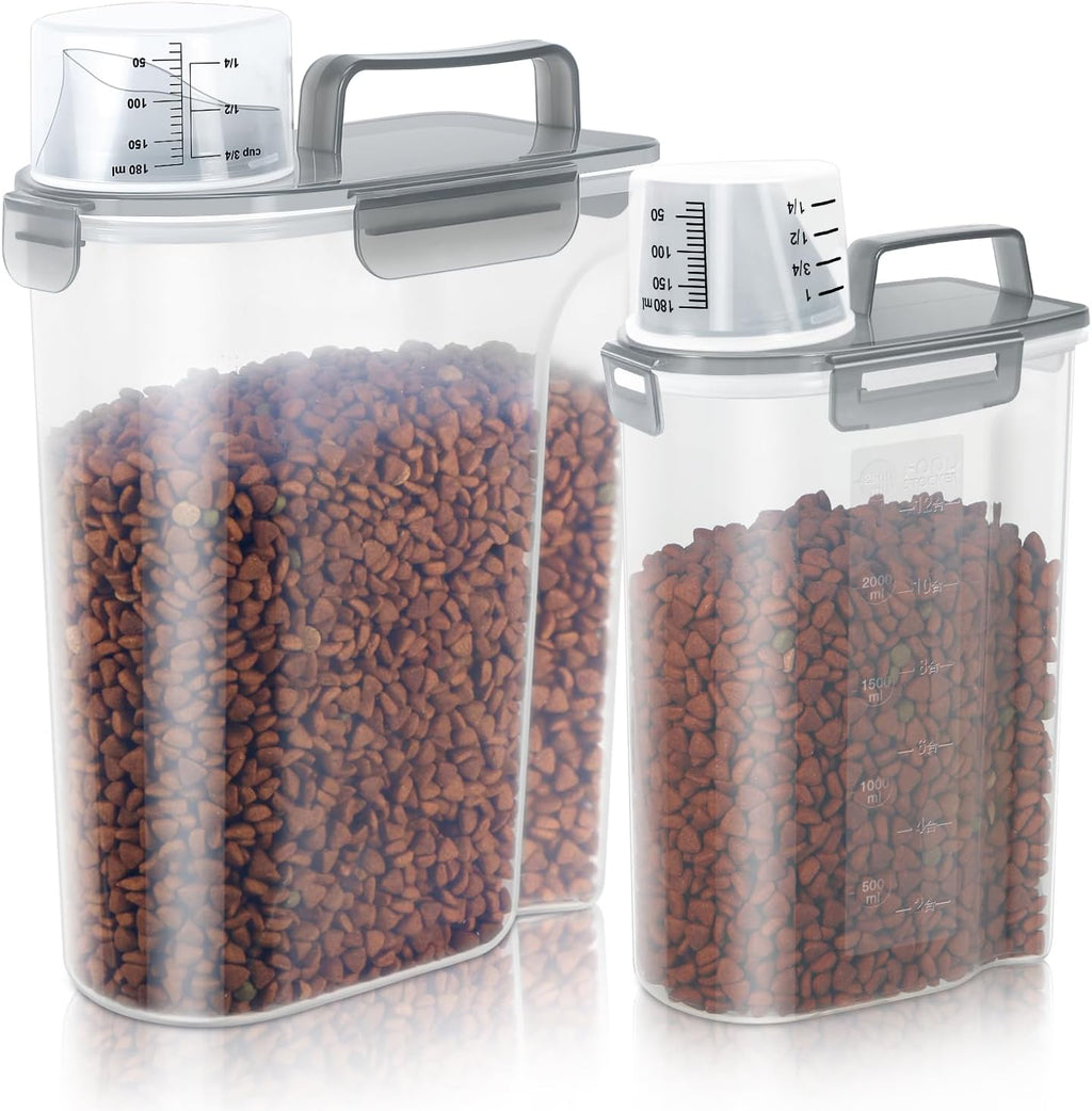 (3+5LBS 2Pack Cat Dog Food Storage Container Upgraded Large Nozzle BPA-free, Plastic Pet Food Containers, With 4 Sealed Clasps/1 Measuring Cup/Handle Easy Clean and Carry (Clear Grey)