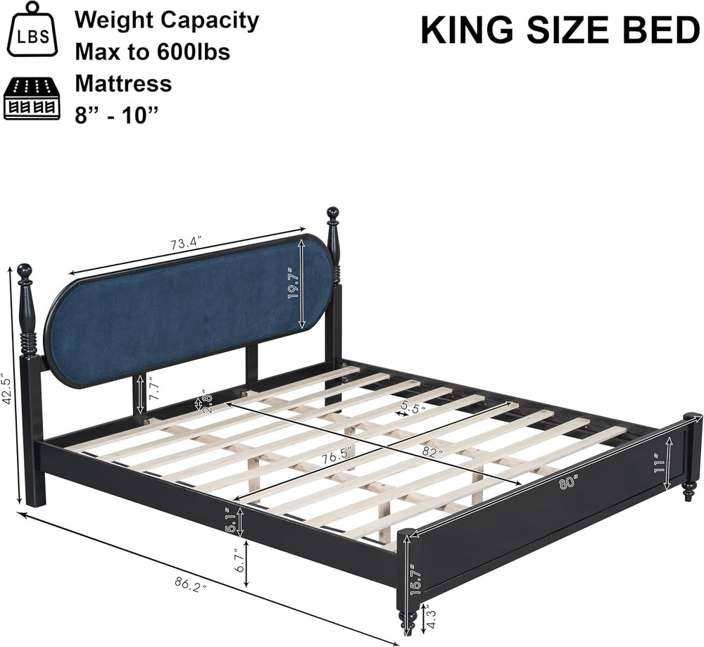 LUMISOL King Size Platform Bed Frame with Velvet Headboard, Solid Wood Bedfra...