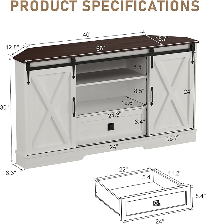 Corner TV Stand for 65 inch TV, 58" Hexagon Entertainment Center with Sliding Barn Doors and Adjustable Shelves, Farmhouse Media Console with Drawer & Cable Management for Living Room, White