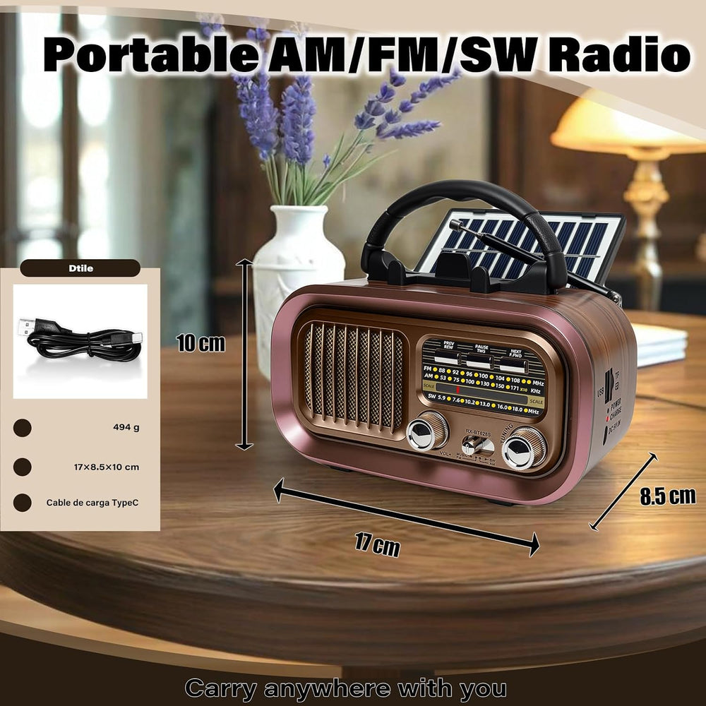 Portable AM FM SW Radio with Bluetooth, Retro Radio with Solar Panel