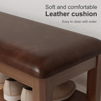 Shoe Bench with Leather Cushion, 3 Tiers Shoe Storage Bench Height Adjustable, Walnut Wood Entryway Bench for Hallway, Mudroom