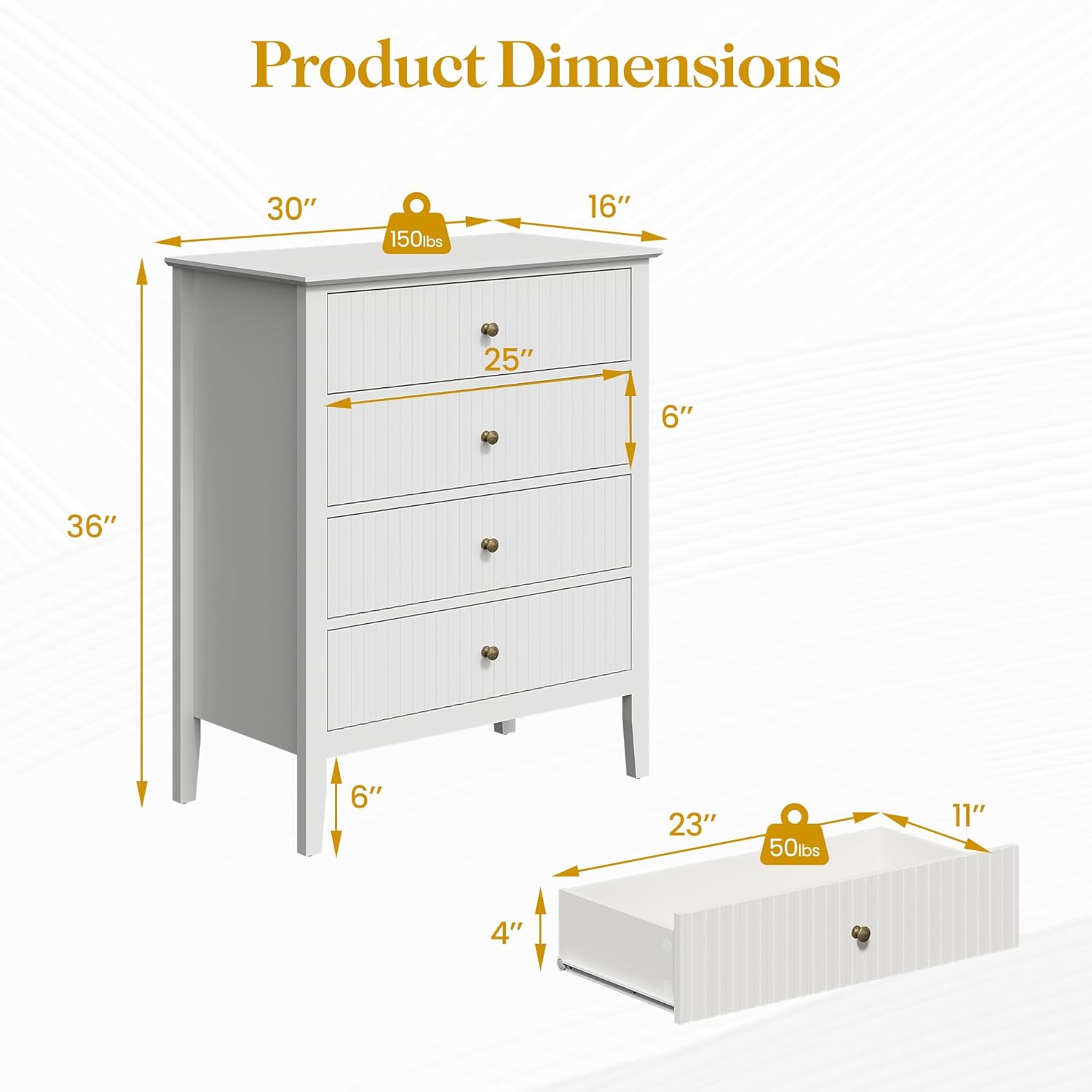 RoyalCraft White Fluted 4 Drawer Dresser for Bedroom, Modern Chest of Drawers, Wood Dresser for Storage Clothes, Wooden Storage Cabinet Nightstand for Bedroom, Hallway, Living Room, Entryway