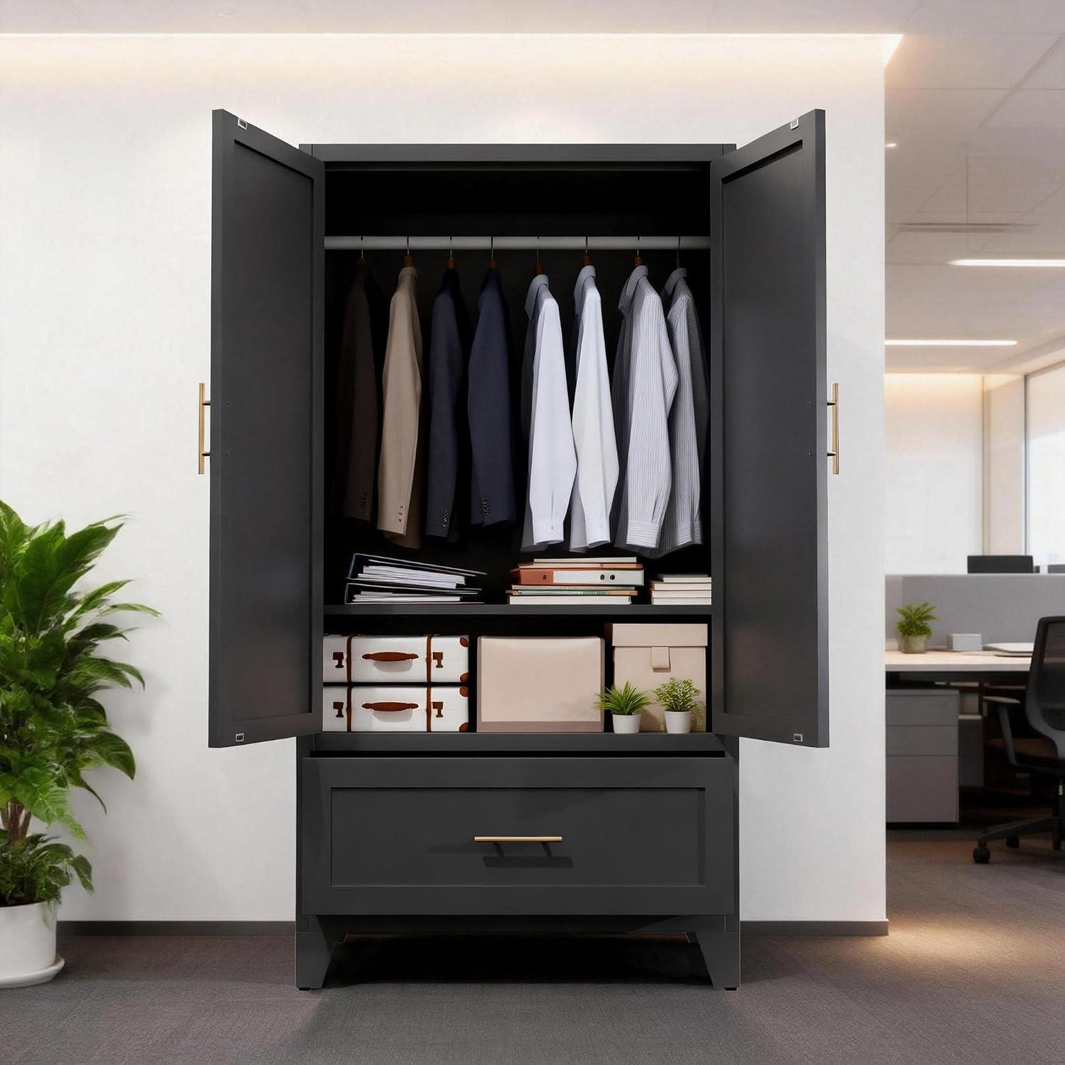 Anwick Metal Wardrobe Closet, 60" Tall Black Metal Wardrobe Cabinet | Hanging Rod, 1 Drawer, 2 Doors and Adjustable Shelf for Bedroom Guest Room Laundry Room