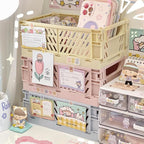 Small Pastel Plastic Storage Bins 2Pcs Foldable Pastel Crates Plastic Basket Colorful Storage Containers Baskets for Classroom Kitchen Office Bedroom Desktop Home Decor (Pink 9.8" x 6.5" x 3.8")
