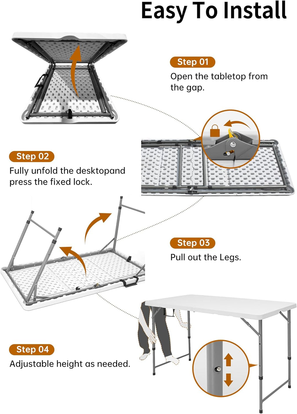 Folding Camping Table 4 Foot Adjustable Height 350lbs, 4FT Folding Picnic Card Table for Outdoor, Plastic Rectangular Dining Work Tables for Indoor, Heavy Duty Fold-in-Half Tray Tables