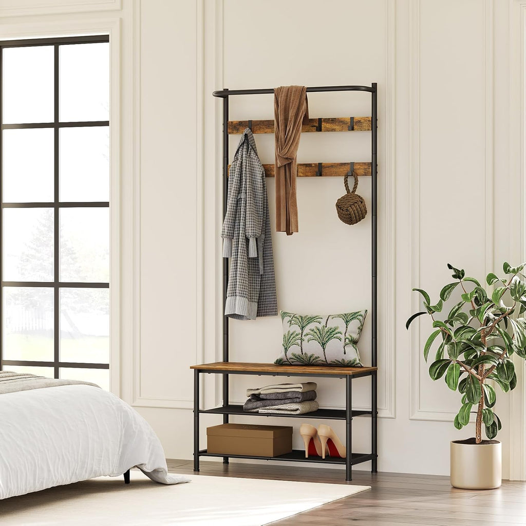 YATINEY Hall Tree, Coat Rack with Shoe Bench, 4-in-1 Entryway Bench with Storage Shelves, Hanging Rod and 8 Movable Hooks, Hall Tree with Storage Bench for Hallway, Rustic Brown and Black MT02BR