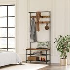 YATINEY Hall Tree, Coat Rack with Shoe Bench, 4-in-1 Entryway Bench with Storage Shelves, Hanging Rod and 8 Movable Hooks, Hall Tree with Storage Bench for Hallway, Rustic Brown and Black MT02BR