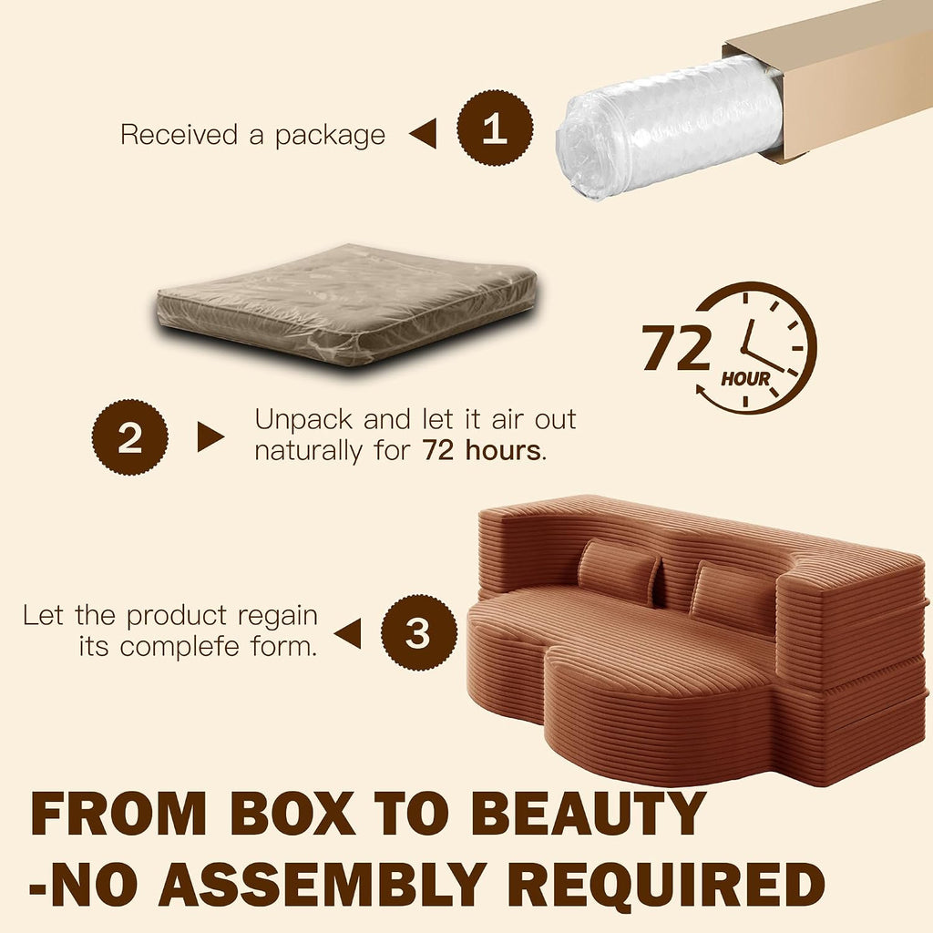 Convertible Folding Sofa Bed, 2-in-1 Full Size Floor Boneless Couch Bed, Loveseat sleeper Couch , Corduroy Floor Sofa, Memory Foam Sleeper SofaBed, Small couches for small spaces, No Assembly, Orange