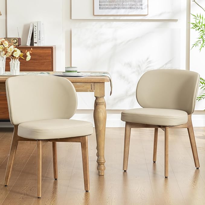 YOUNIKE Dining Chair with High Back Set of 2 Mid Century Modern Kitchen Chair Faux Leather Upholstered Armless Chair 20" Wide Padded Seat with Wooden Legs for Kitchen Dining Living Room Bedroom Khaki