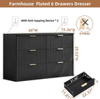 LEYAOYAO Fluted 6 Drawers Dresser Set of 2, 48" Wide Modern Chest of Drawers with Woodgrain Top, Curved Profile Design, Dresser TV Stand, Wooden Drawer Organizer for Bedroom, Living Room,Black