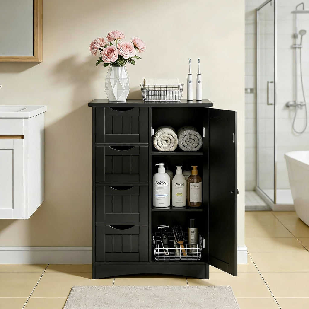 SUPER DEAL Bathroom Storage Cabinet with 4 Drawers and 1 Cupboard, Entryway Home Decor Furniture Towels Storage Organizer Unit, Black
