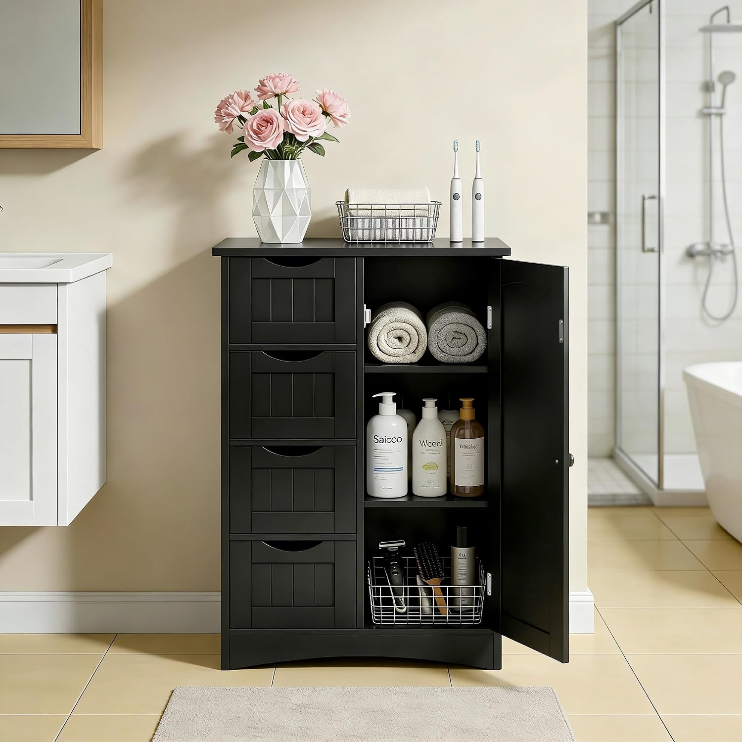 SUPER DEAL Bathroom Storage Cabinet with 4 Drawers and 1 Cupboard, Entryway Home Decor Furniture Towels Storage Organizer Unit, Black