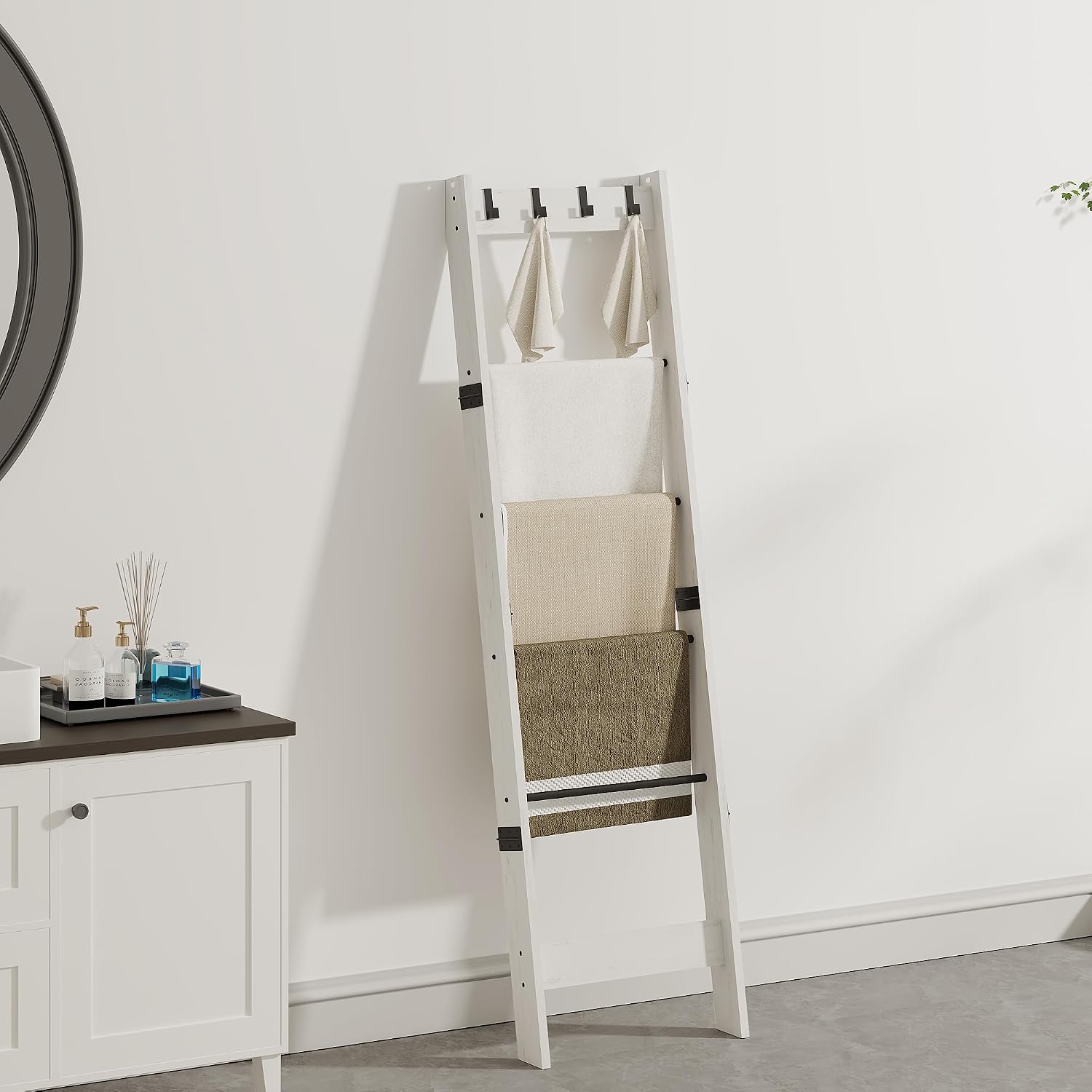 TRIFEBLE 6 Tier Blanket Ladder Shelf for Living Room and Bedroom, Ladder Holder with 4 Metal Hooks, 5.2ft Blanket Quilt Holder Rack, Farmhouse Ladder Rack for Storage and Home Decor, White
