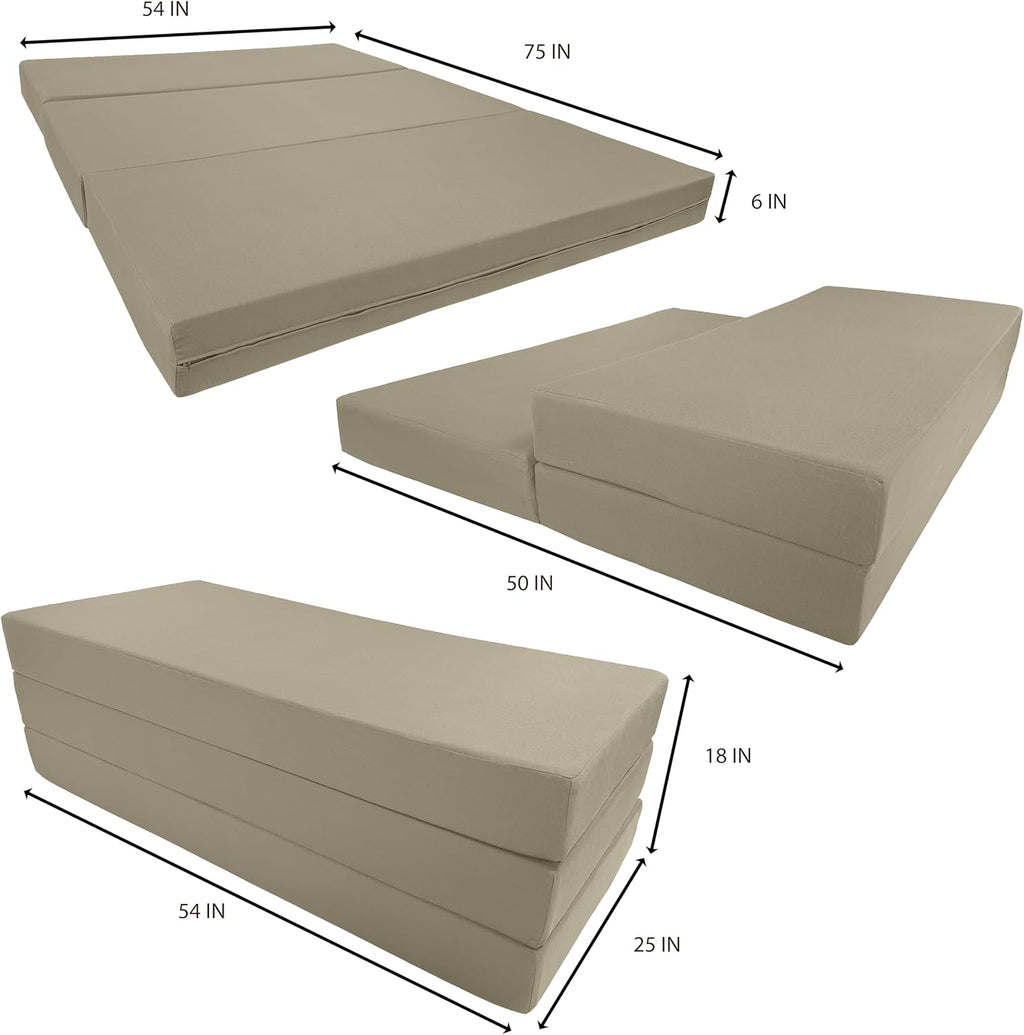 D&D Futon Furniture Trifold Foam Bed, Folding Ottoman Mattress (Tan, Full Size (6 x 54 x 75))