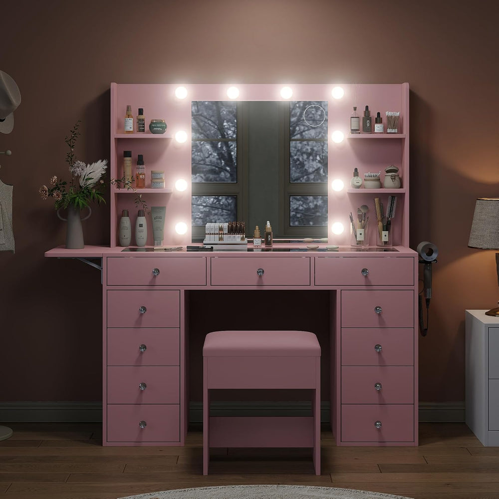 FUSOU Vanity Desk with Power Outlet, 11 Drawers Makeup Vanity with Lighted Mi...