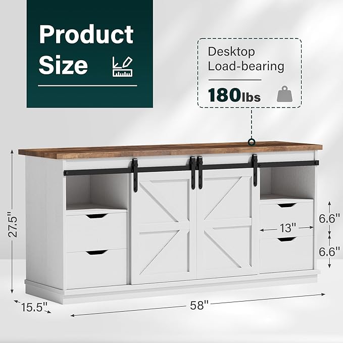 JUMMICO TV Stand with 4 Drawers for 65 Inch TV, Farmhouse Entertainment Center with Storage and Sliding Barn Doors, Rustic Media TV Console Cabinet with Shelves for Living Room Bedroom (Bright White)