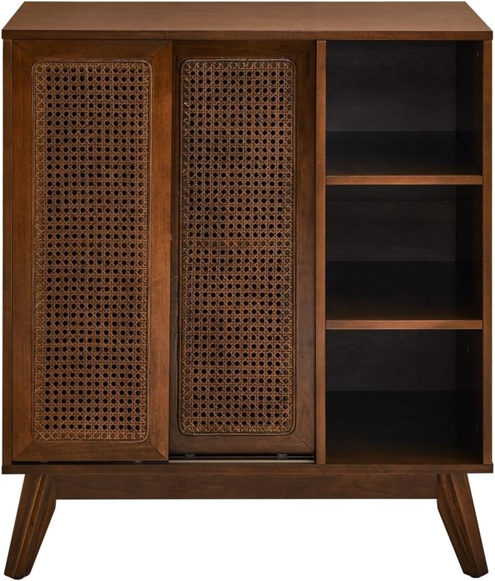 Mid Century Modern Rattan Sideboard Cabinet, Buffet Cabinet for Entryway Hall...