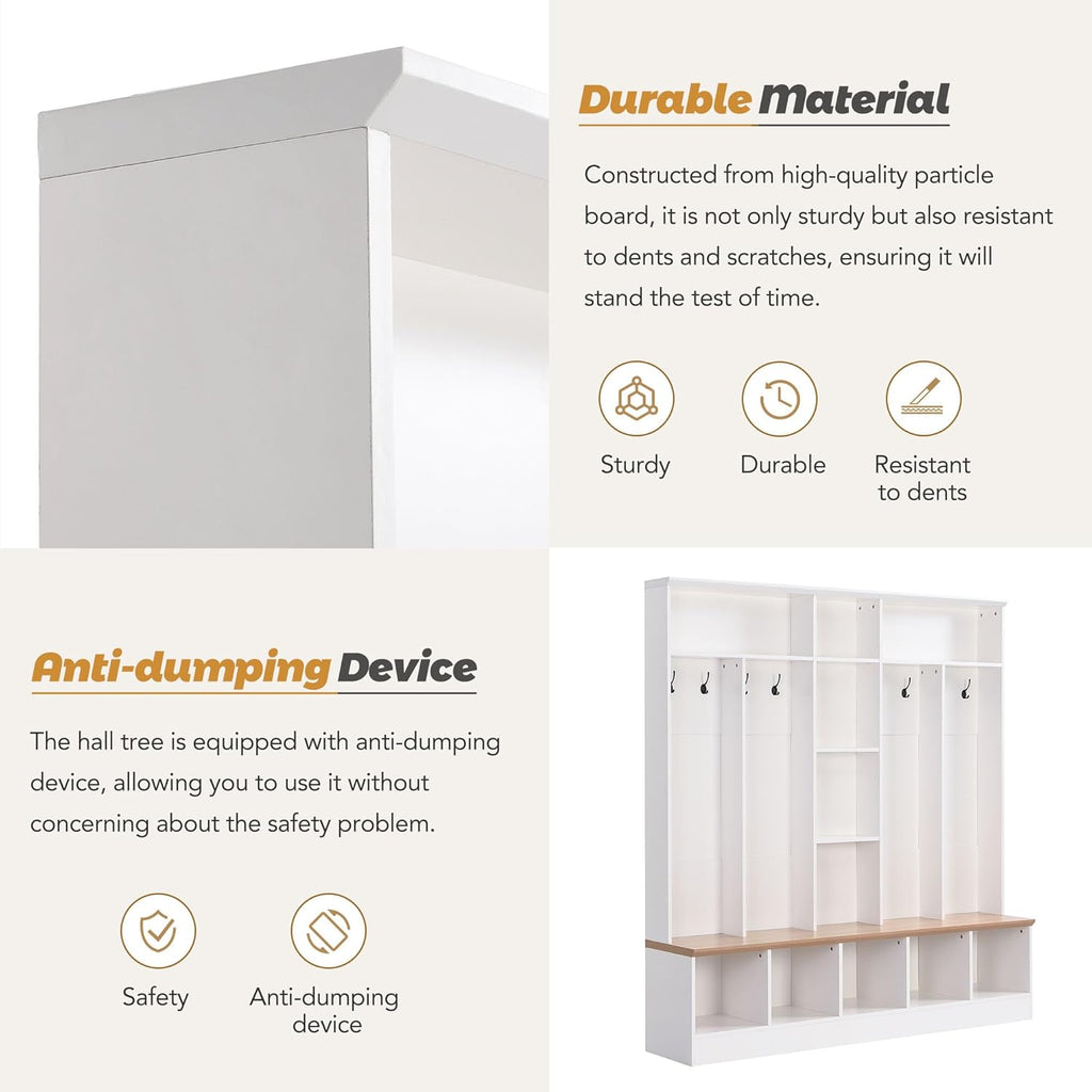 LUMISOL 4-in-1 Hall Tree with Shoe Bench, Cube Storage & Shelves, Wide Entryway Coat Rack with 8 Hooks for Mudroom Living Room, White