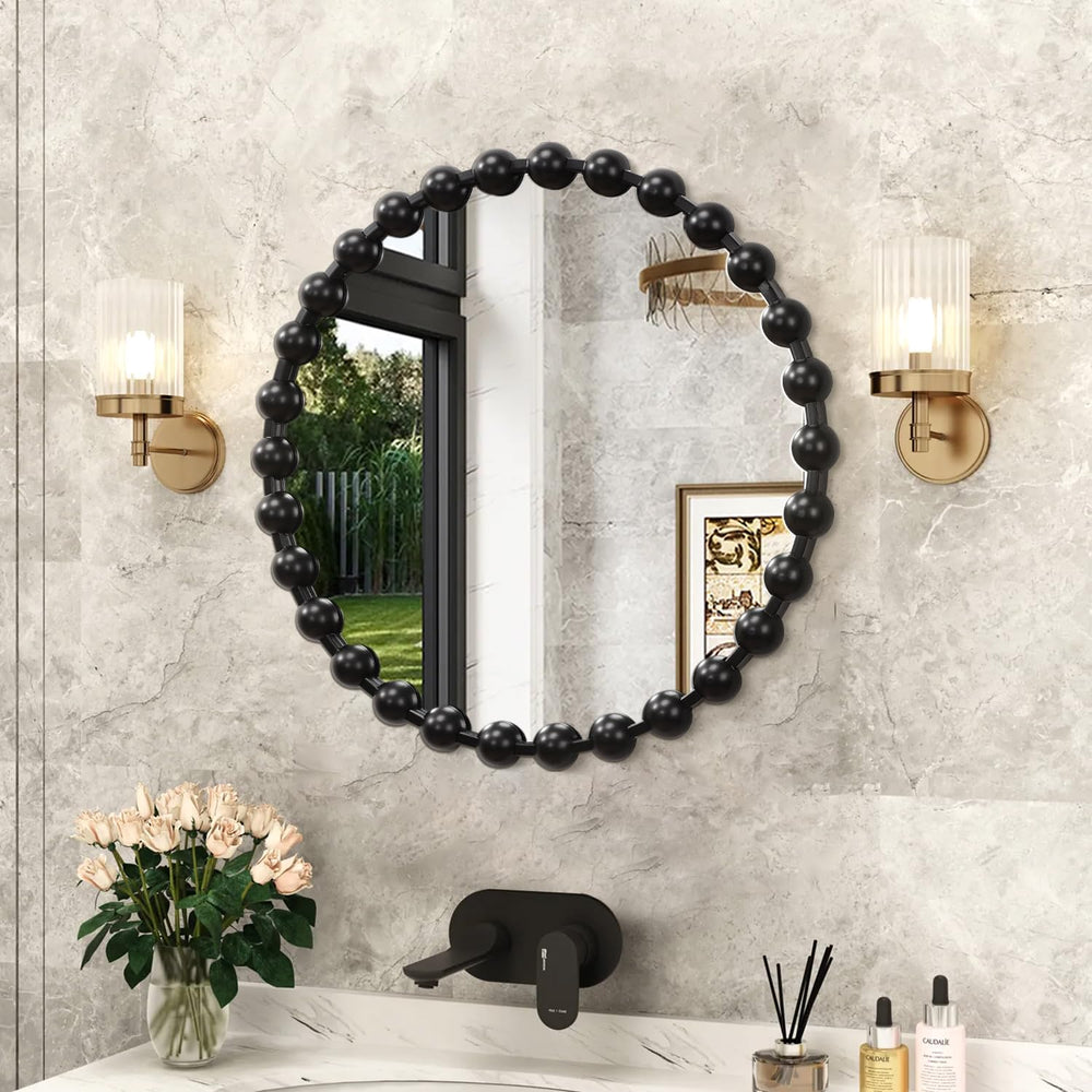 AAZZKANG Round Wall Mirror Black Metal Beaded Framed Large 20"