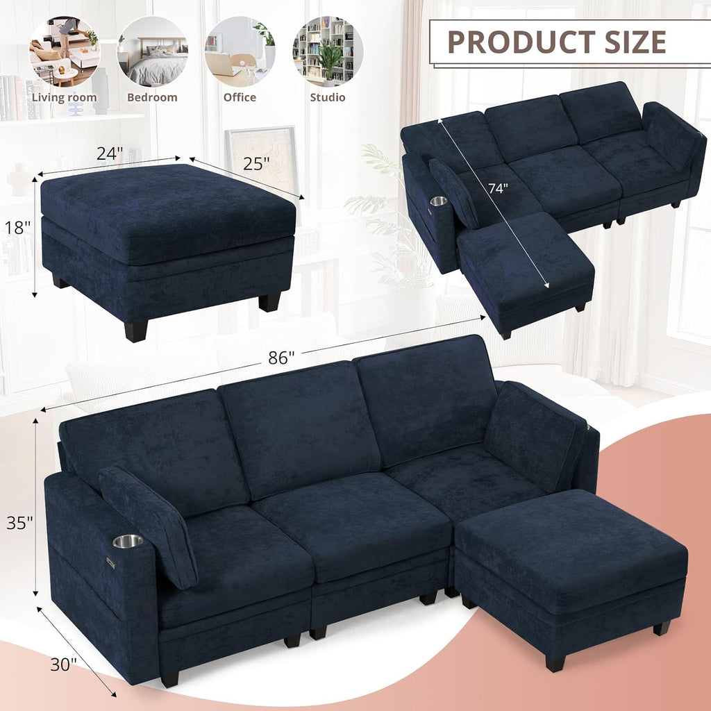 86" Chenille L-Shape Sofa w/& Adjustable Backrests, Blue | Upholstery 3-Seats Sofa w/Movable Storage Ottomans & Cup Holders, Modern Sectional Couch w/Charging Ports for Living Room